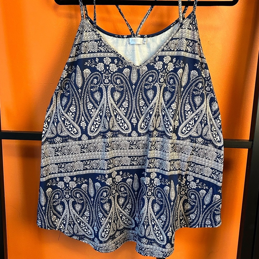 Blue Paisley Print Spaghetti Strap Tank Top